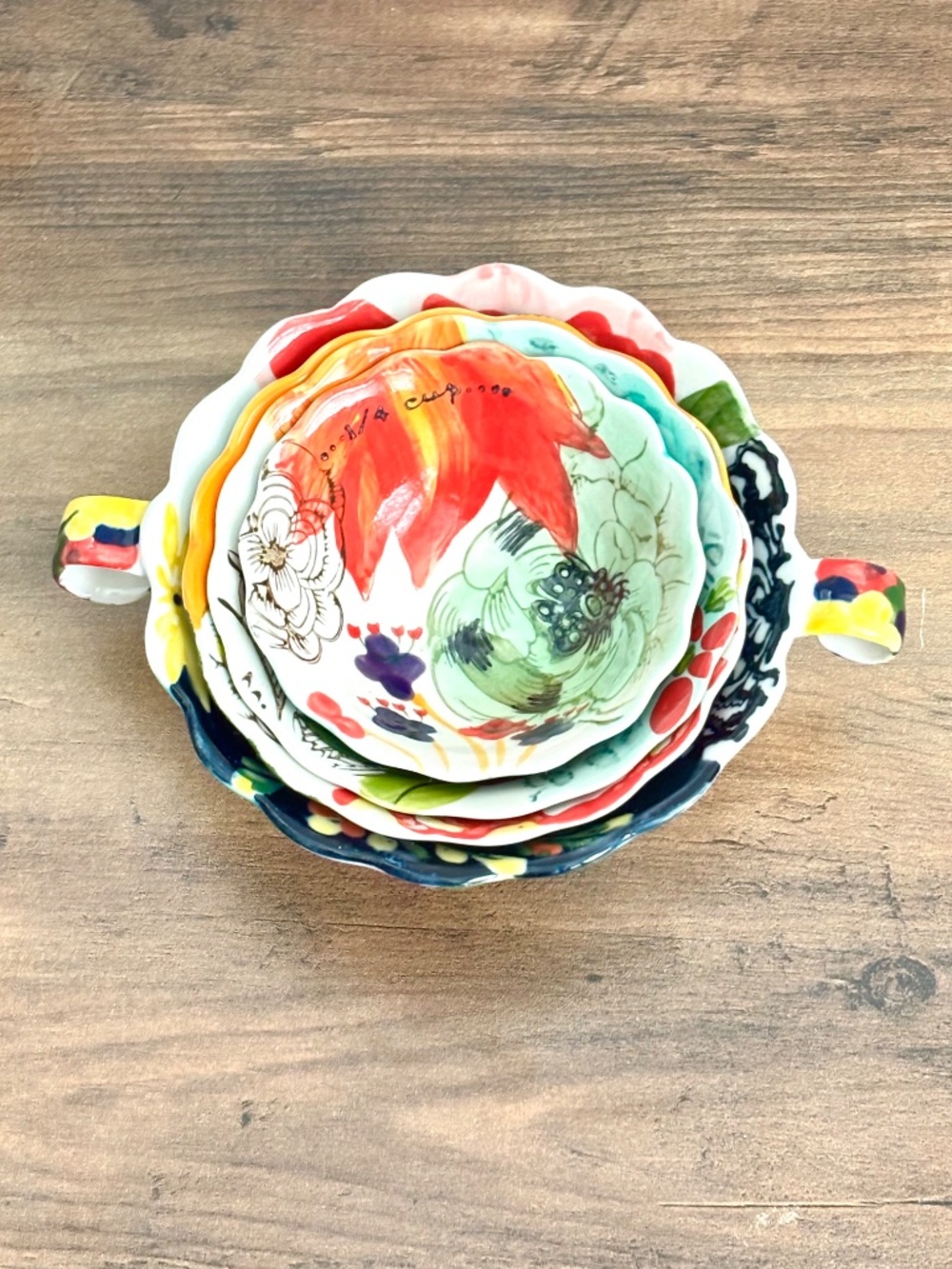 Anthropologie Amaryllis Stoneware Nesting Measuring Cups Bowls Floral Set Of 4
